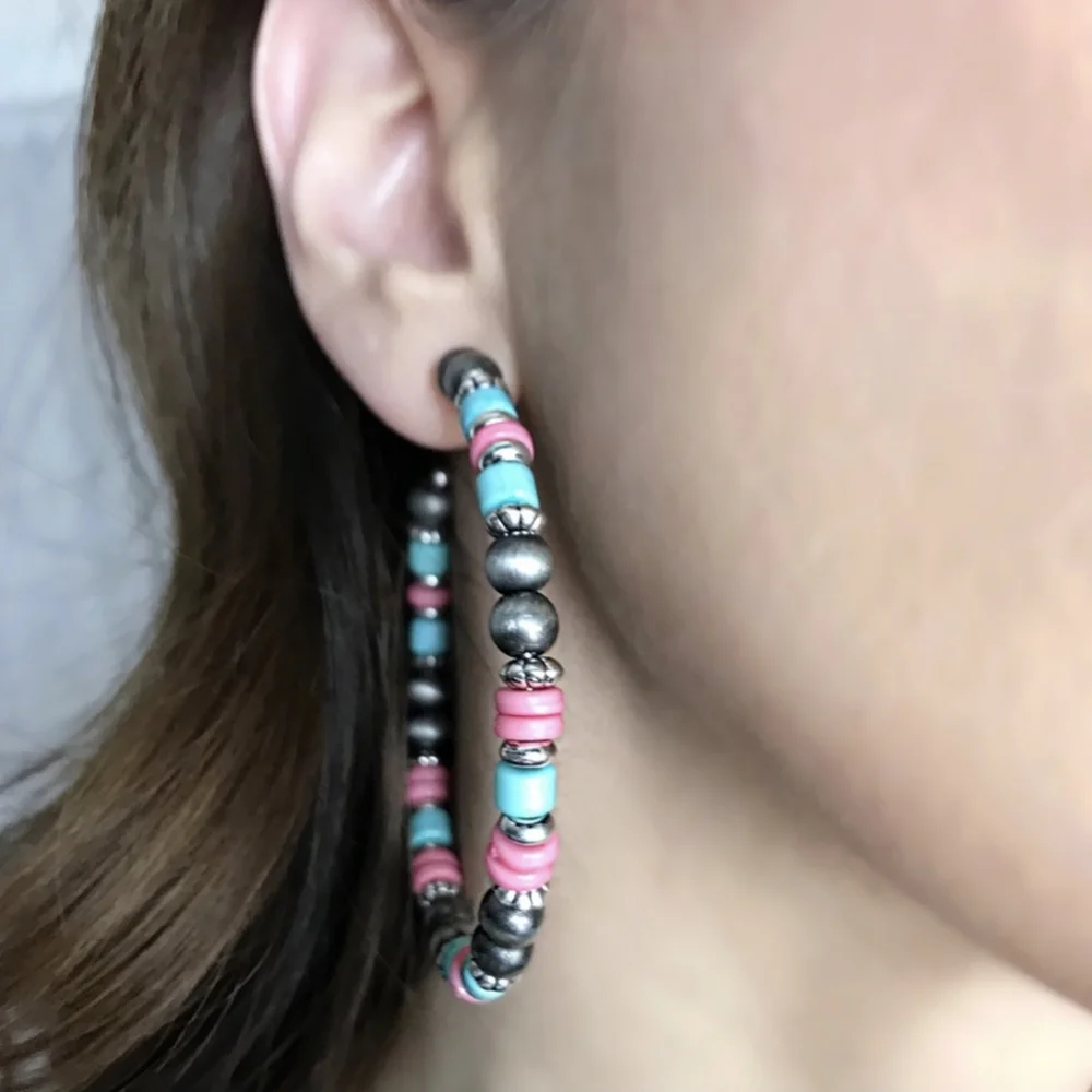 Colorful Hoop Earrings w/Turquoise Stones, Pink & Gunmetal Beads - Picture 3 of 4